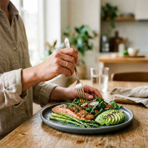 Dłonie sięgające po widelec do pięknie ułożonego posiłku keto z łososiem i warzywami, symbolizującego zdrowe keto dieta przepisy.