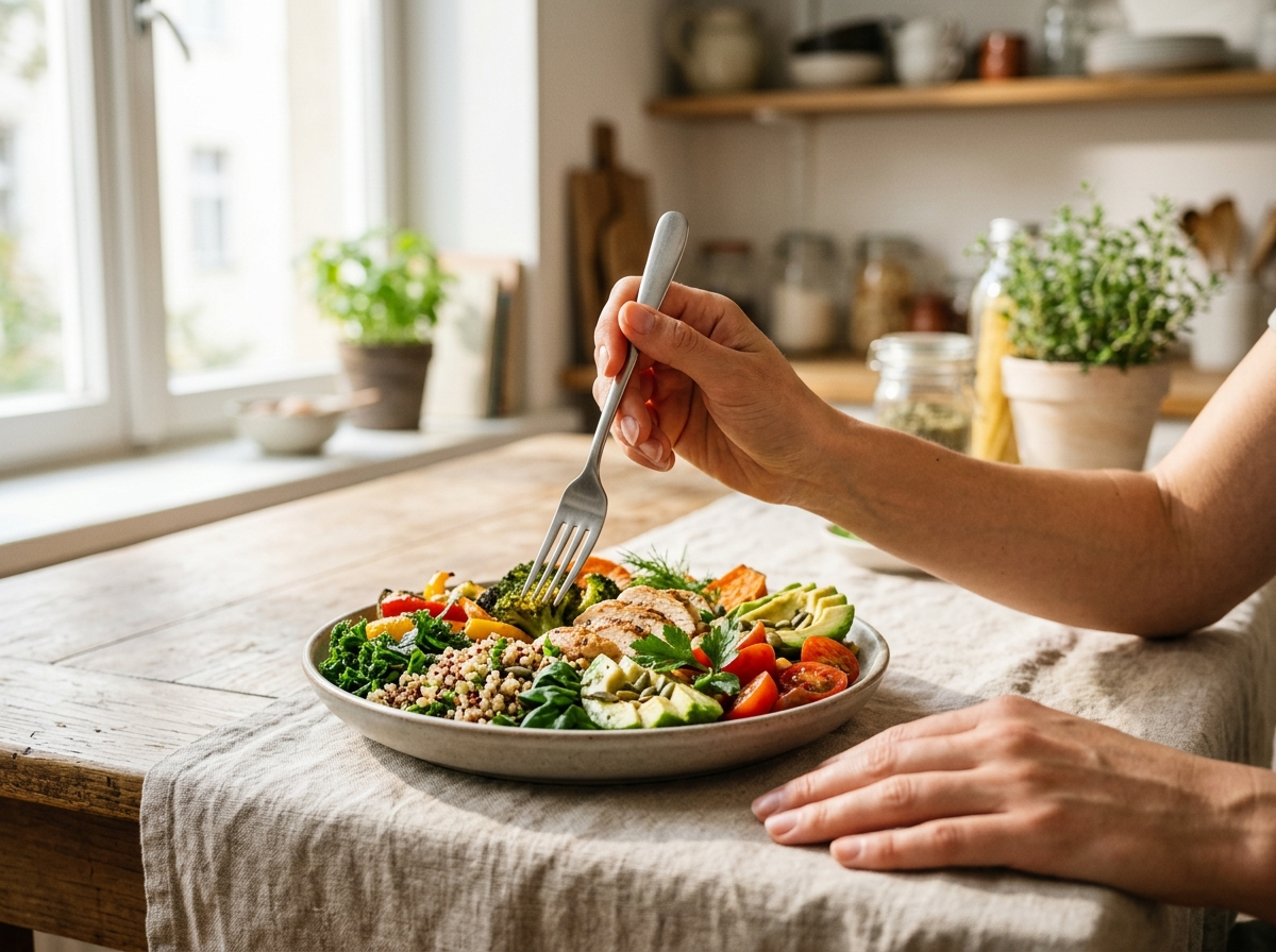 Dłonie sięgające po widelec nad talerzem z kolorowym, zdrowym posiłkiem na efektywną dieta na redukcję.