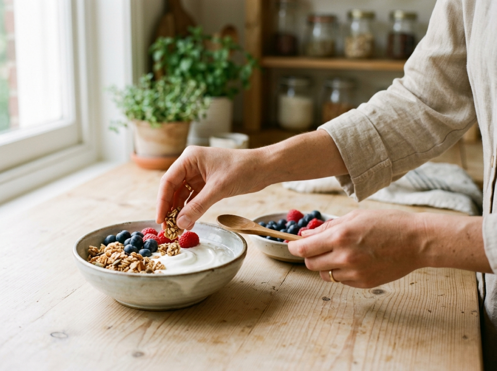Dłonie układające świeże owoce na misce jogurtu z granolą. Idealne fit śniadanie.
