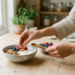 Dłonie układające świeże owoce na misce jogurtu z granolą. Idealne fit śniadanie.