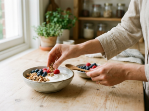 Dłonie układające świeże owoce na misce jogurtu z granolą. Idealne fit śniadanie.