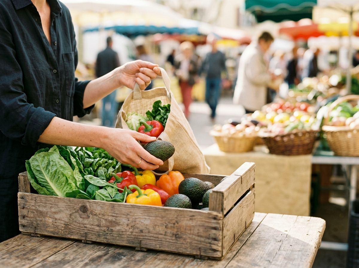 Dłonie wybierające świeże warzywa na targu, symbolizujące ekonomiczną dietę low carb co to.
