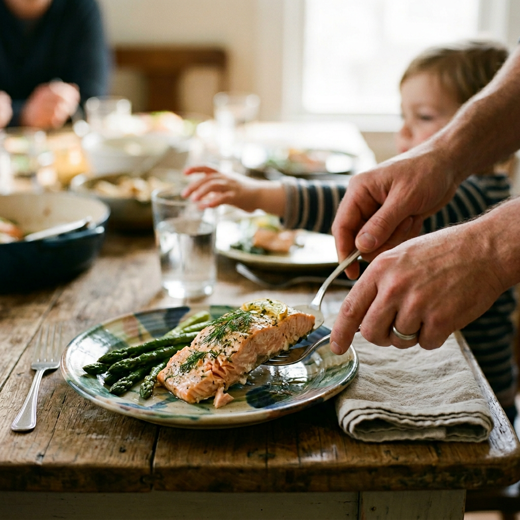 Dorosłe dłonie serwujące pieczonego łososia ze szparagami na rodzinny obiad low carb. Idealne dieta low carb przepisy.