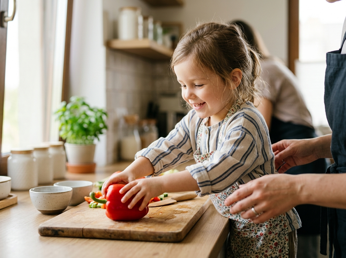 Dziecko z radością sięga po warzywa w kuchni, wspierając zdrowe bmi dla dzieci.