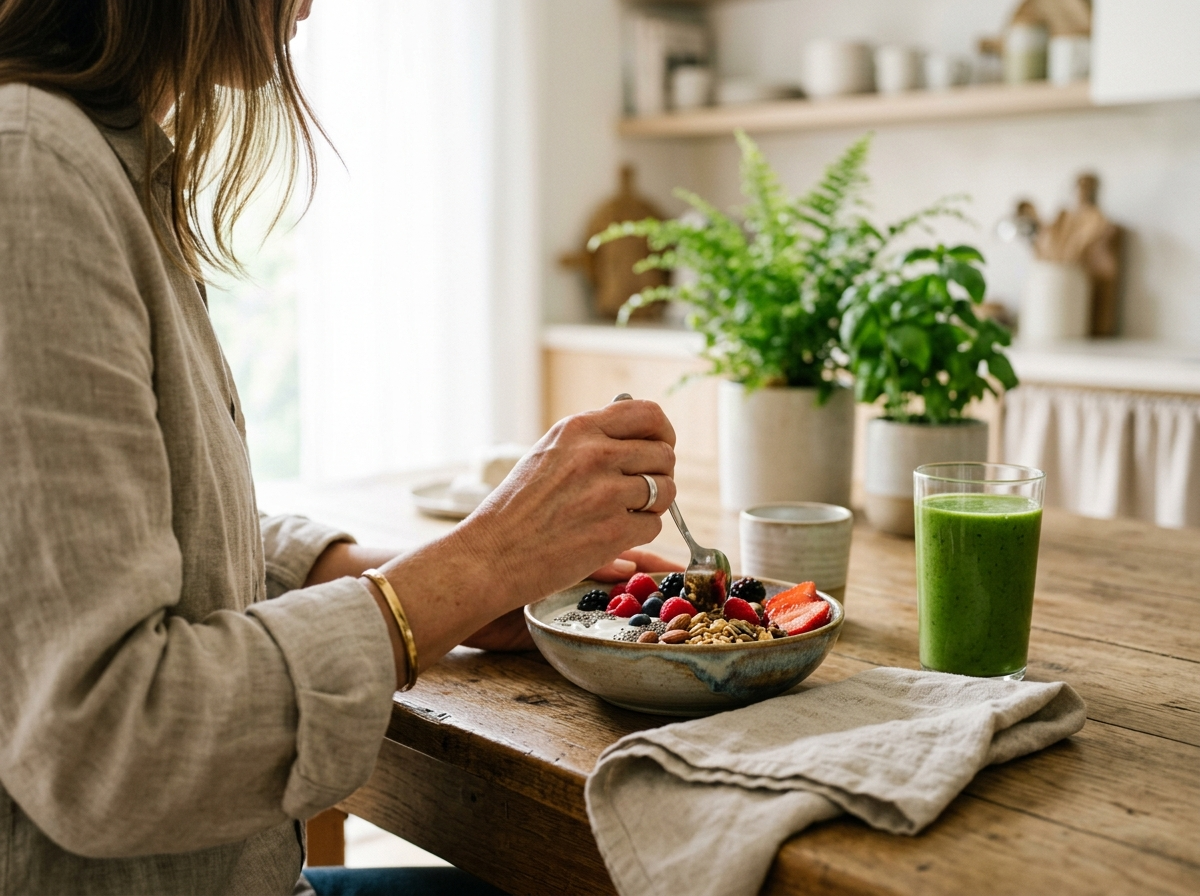 Europejczyk sięga po miskę owsianki z owocami i zielony koktajl – idealne zdrowe śniadanie.