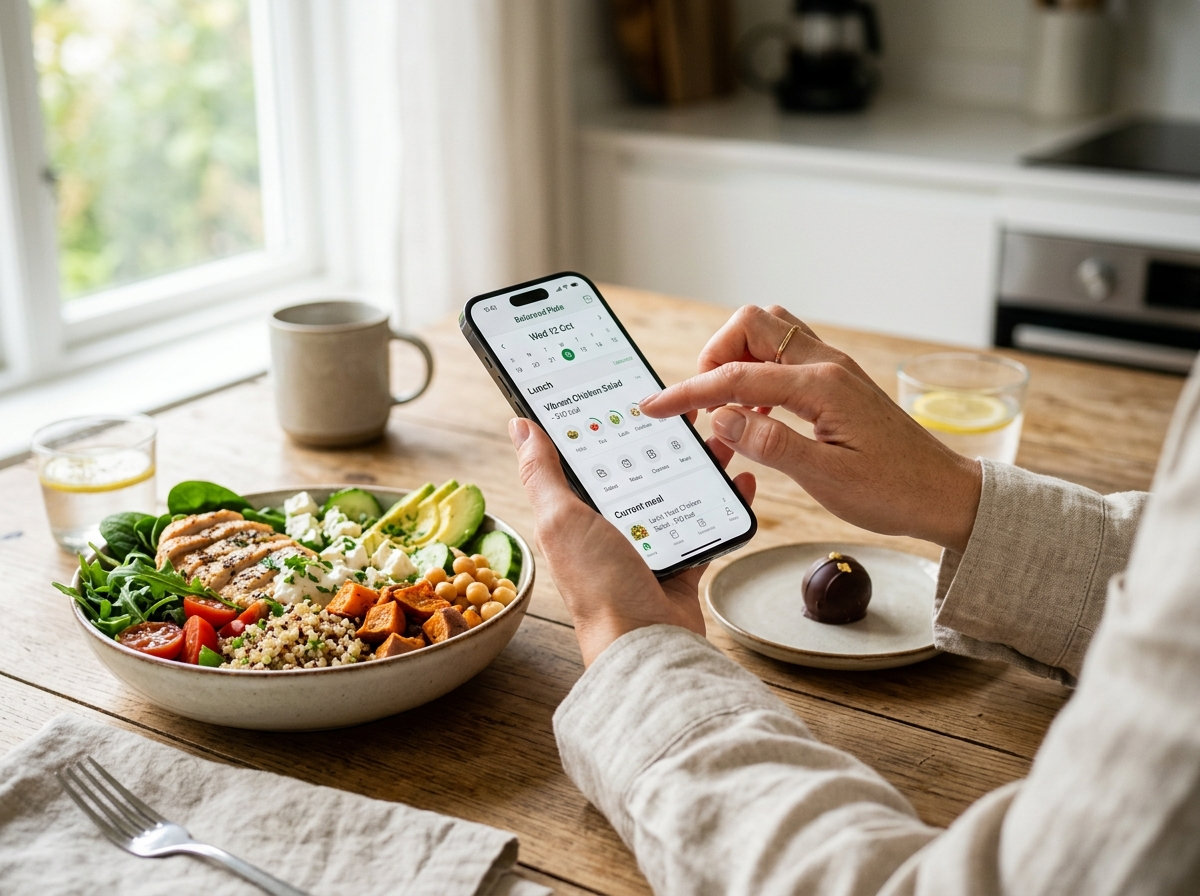 Kobieca dłoń korzysta z aplikacji dietetycznej, obok zdrowy posiłek i smakołyk. Wsparcie dla dieta odchudzająca jadłospis.