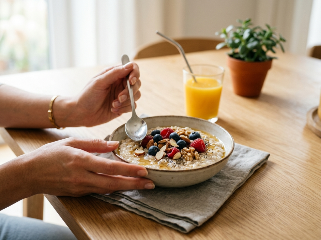 Kobieca dłoń sięgająca po łyżkę do miski z owsianką i owocami, idealne dietetyczne śniadanie.