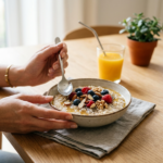 Kobieca dłoń sięgająca po łyżkę do miski z owsianką i owocami, idealne dietetyczne śniadanie.