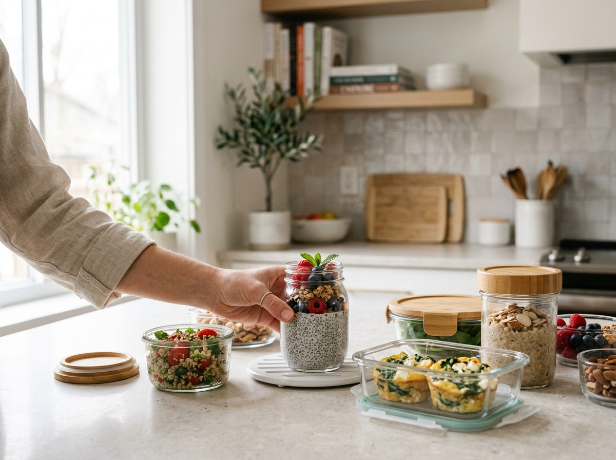 Kobieca ręka sięga po gotowe, zdrowe śniadanie w słoiku, przygotowane na wynos.