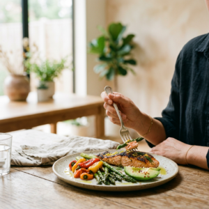 Kobieta delektująca się zdrowym, apetycznym posiłkiem low carb z łososiem i świeżymi warzywami.
