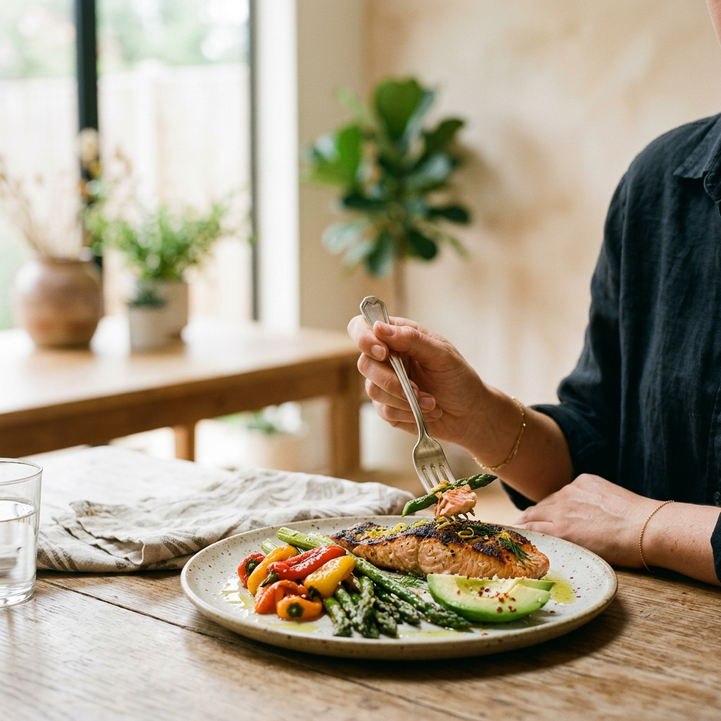 Kobieta delektująca się zdrowym, apetycznym posiłkiem low carb z łososiem i świeżymi warzywami.