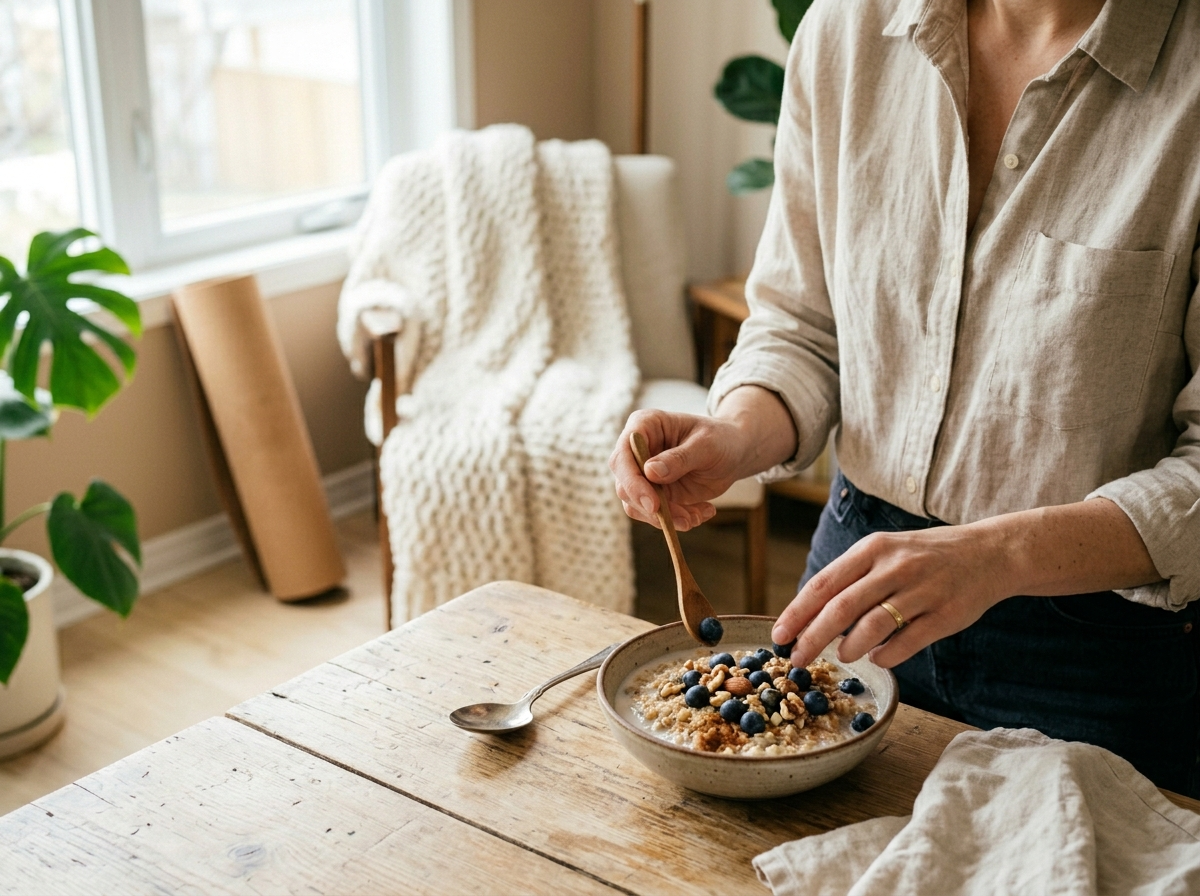 Kobieta delikatnie układa świeże jagody na owsiance, symbolizując zdrową dietę i holistyczne podejście.