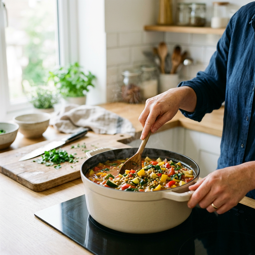 Kobieta przygotowuje jednogarnkowe, zdrowe przepisy z sezonowych warzyw w jasnej kuchni.