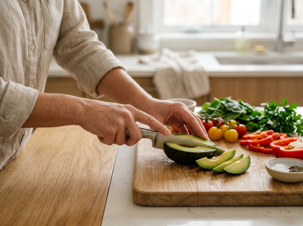 Kobieta przygotowuje świeże awokado i warzywa na desce, symbolizując zdrową dietę i witalność.