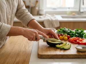 Kobieta przygotowuje świeże awokado i warzywa na desce, symbolizując zdrową dietę i witalność.