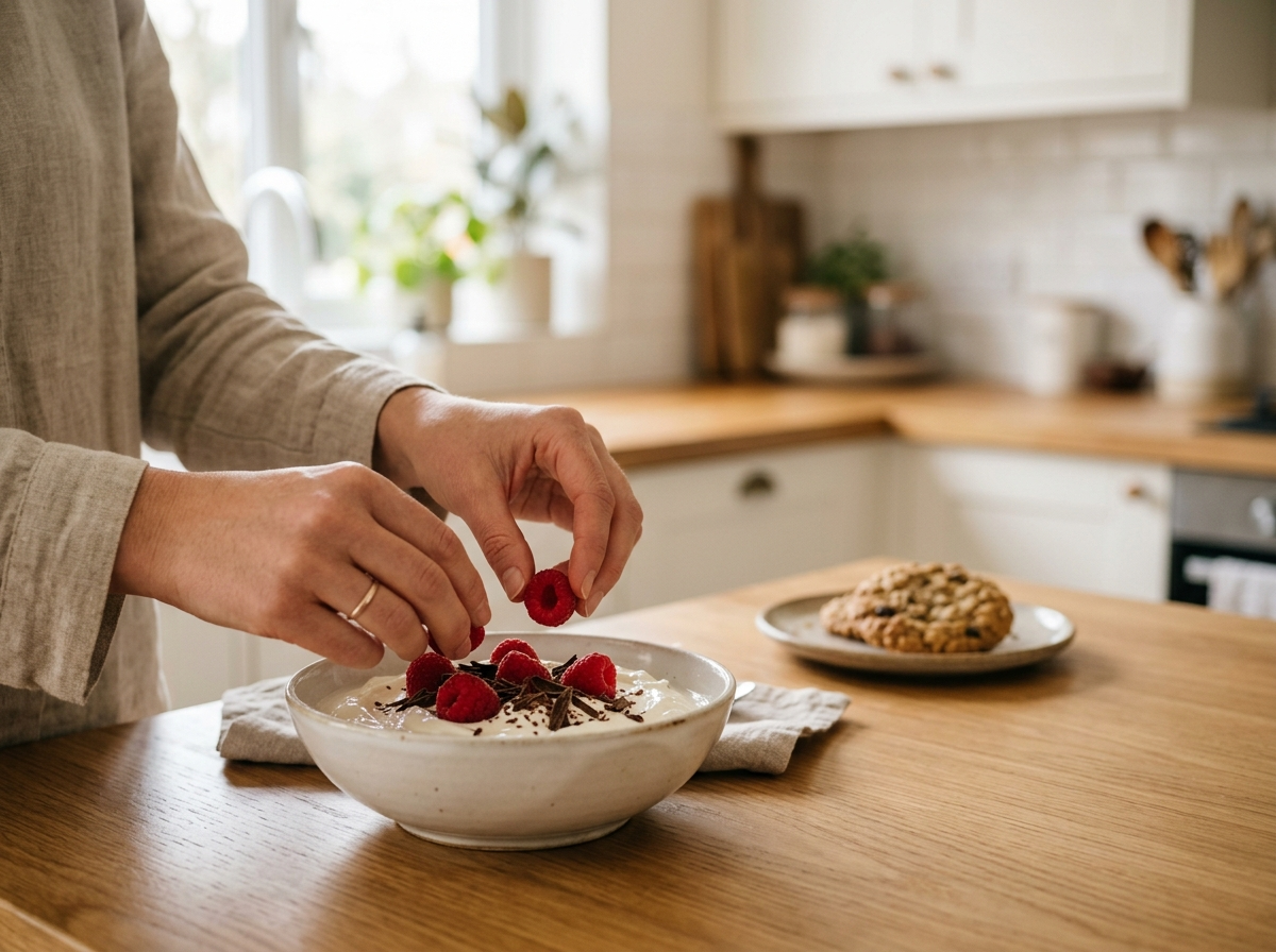 Kobieta przygotowuje zdrową przekąskę z jogurtu i owoców, świadomie wybierając co jeść żeby schudnąć.