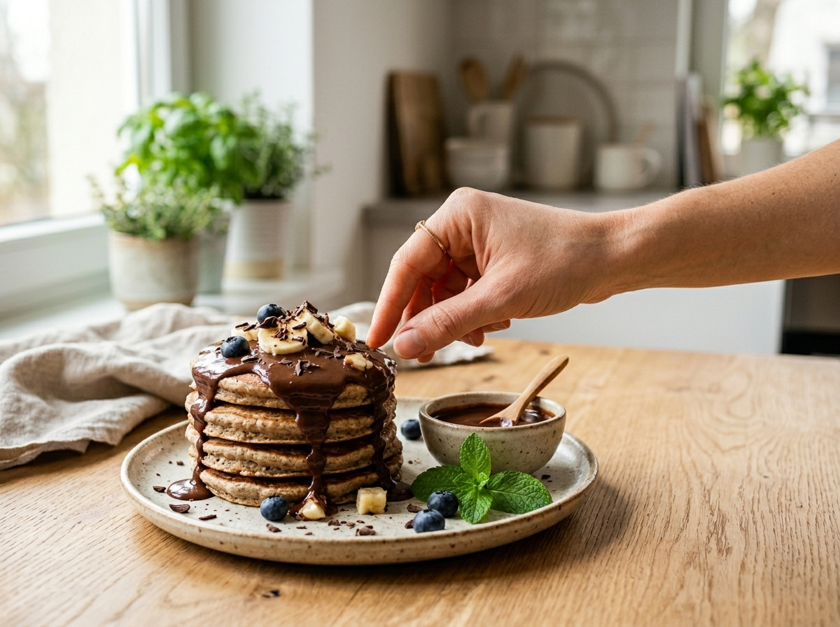 Kobieta sięga po pyszne gryczane naleśniki z czekoladowym musem, idealne na fit śniadanie.