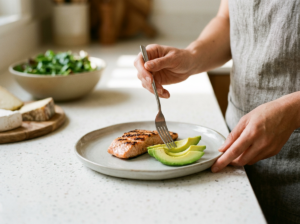 Kobieta układa świeże awokado i łososia na talerzu, prezentując apetyczne dieta keto menu.