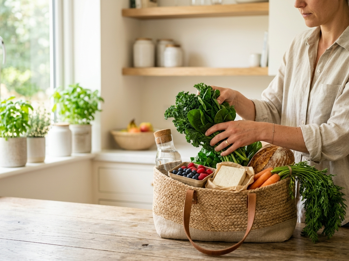 Kobieta wkłada świeże warzywa i owoce do koszyka, planując co jeść żeby schudnąć.