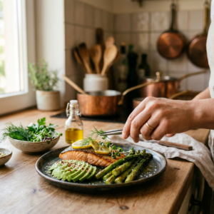 Ludzka dłoń dekoruje apetyczny posiłek keto z łososiem. Idealne dla dieta keto przepisy za darmo.