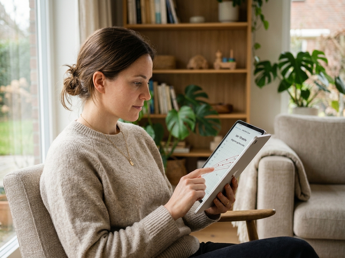 Matka uważnie analizująca cyfrowy kalkulator wzrostu dziecka na tablecie, monitorując krzywą centylową.