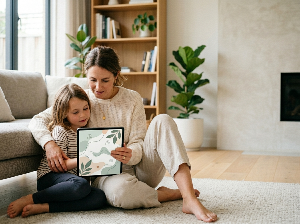 Matka z córką w jasnym salonie, wspólnie analizujące dane o zdrowiu na tablecie, związane z kalkulatorem BMI dla dzieci.