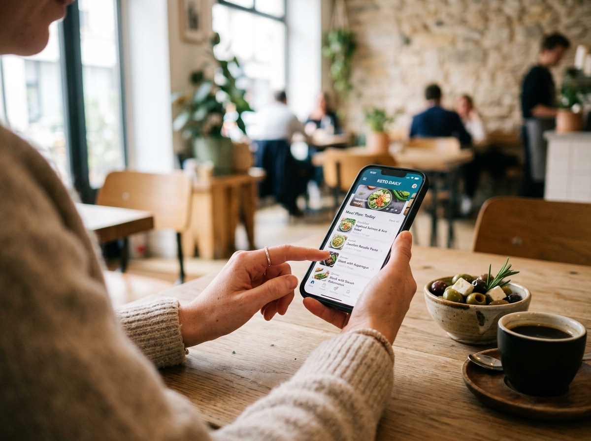 Osoba planująca low carb przepisy na smartfonie, ze zdrową przekąską w kawiarni.
