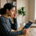 Osoba przeglądająca dane zdrowotne na tablecie, symbolizujące analizę licznika BMI w nowoczesnym wnętrzu.