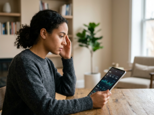 Osoba przeglądająca dane zdrowotne na tablecie, symbolizujące analizę licznika BMI w nowoczesnym wnętrzu.