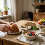 Osoba sięga po rogalika na stole pełnym zdrowych śniadań przepisów: owsianki, owoców i pieczywa.