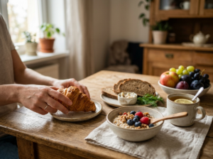 Osoba sięga po rogalika na stole pełnym zdrowych śniadań przepisów: owsianki, owoców i pieczywa.