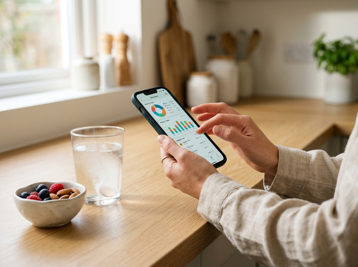 Osoba śledząca postępy diety low carb na smartfonie, z napojem elektrolitowym i zdrową przekąską.