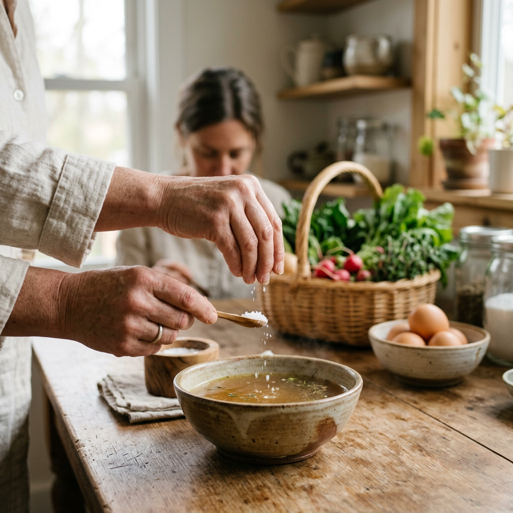Osoba soląca domowy bulion kostny, z warzywami i jajkami w tle, symbolizująca tanią low carb dietę.