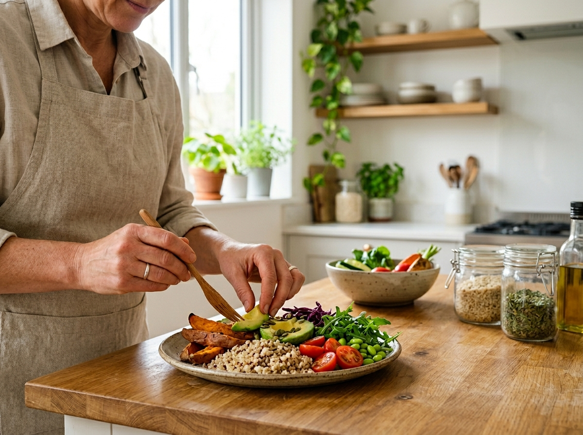 Osoba układa świeże warzywa i kaszę na talerzu, symbolizując zrównoważone wyjście z diety ketogennej.