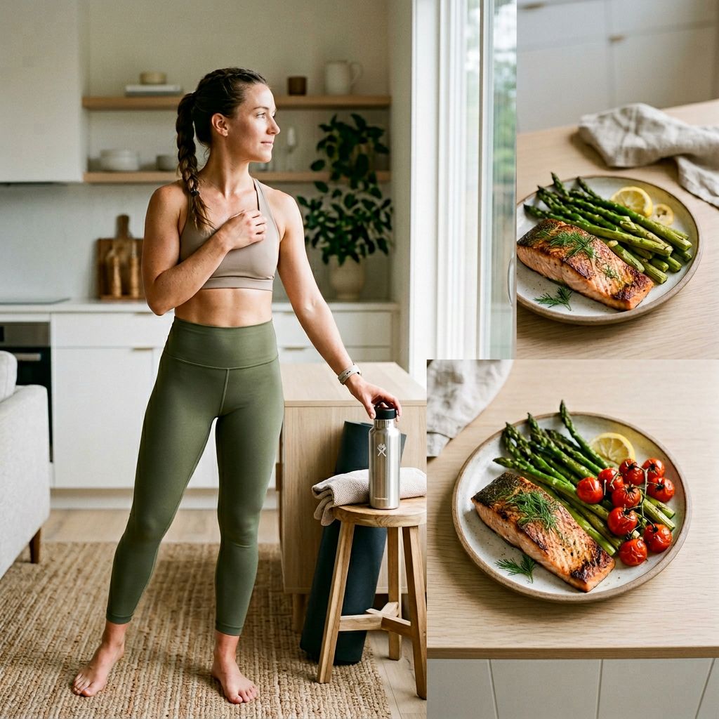 Osoba w sportowym stroju rozciągająca się po treningu, obok smaczny posiłek zgodny z dieta low carb.