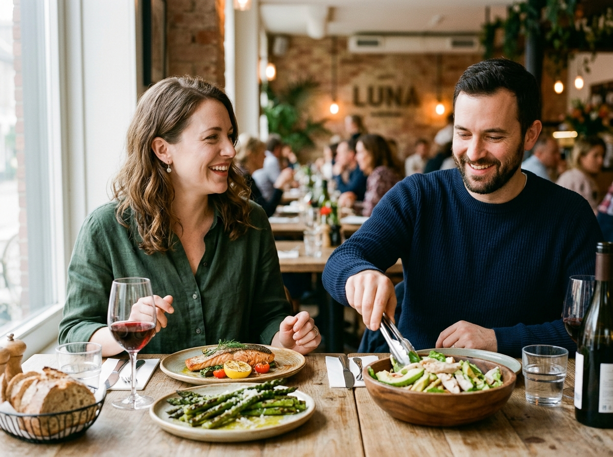 Para w restauracji, ciesząca się pysznym łososiem i sałatką, przykładem jak dieta keto co jeść.