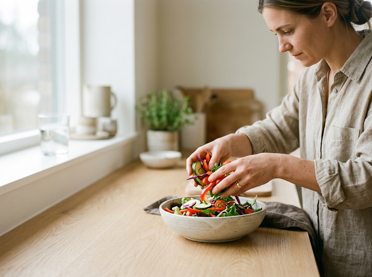 Ręce dodające świeże warzywa do miski, pokazujące zdrowe nawyki i wsparcie dla licznik bmi.