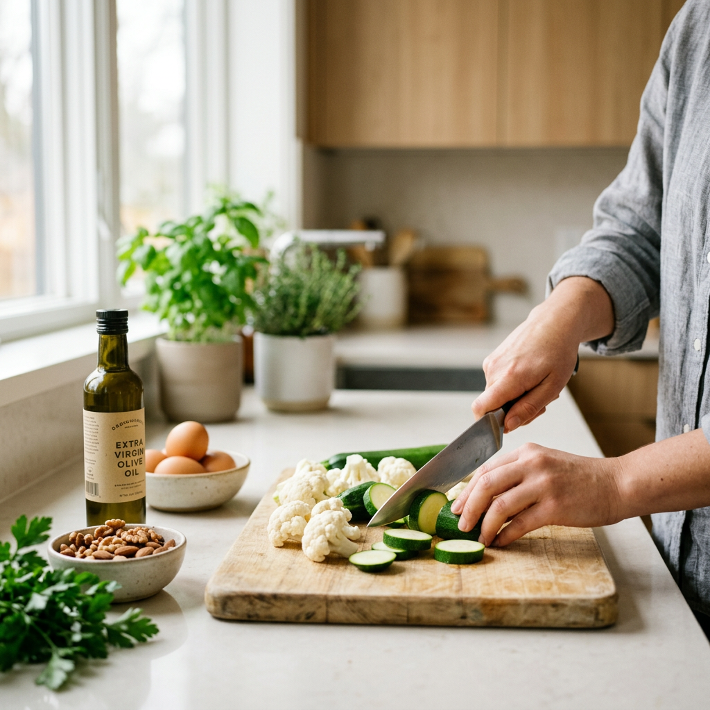 Ręce krojące świeże warzywa w kuchni, symbolizujące zdrową i ekonomiczną dietę low carb.