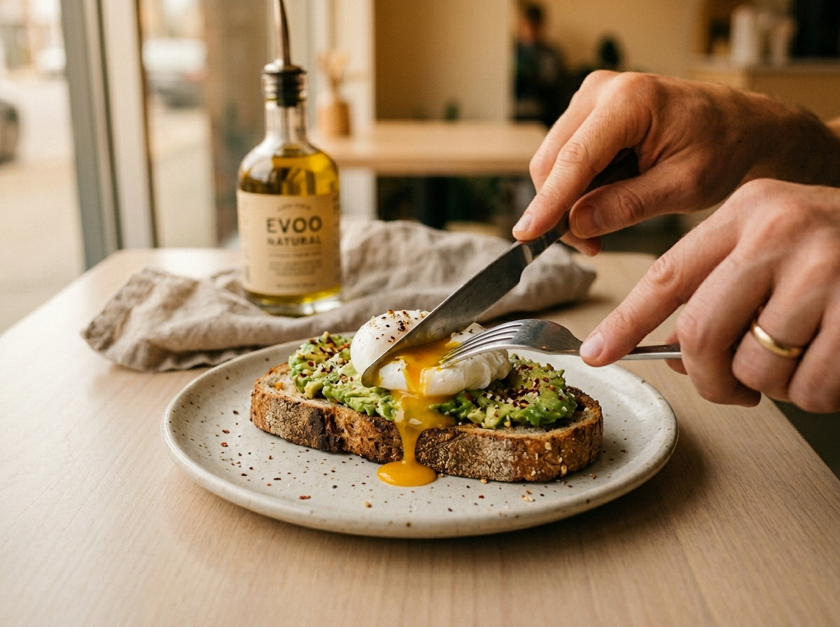 Ręce krojące sycące tosty z awokado i jajkiem w koszulce, idealne na dietetyczne śniadanie.