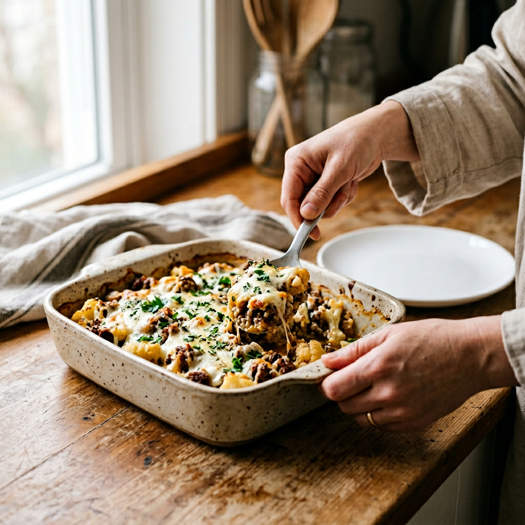 Ręce osoby nakładającej na talerz sycącą zapiekankę z kalafiora, idealną na keto dieta przepisy oszczędne.