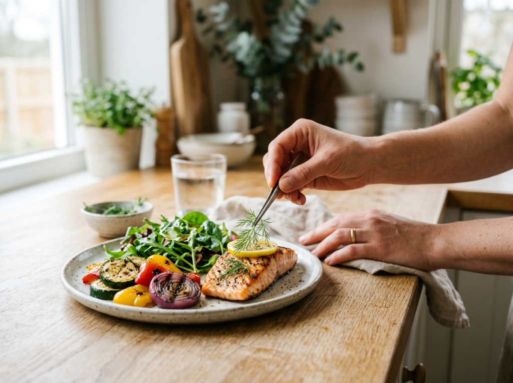 Ręce osoby przygotowują zdrowy posiłek low carb, układając świeże warzywa i białko.