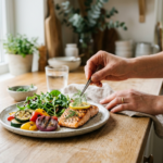 Ręce osoby przygotowują zdrowy posiłek low carb, układając świeże warzywa i białko.