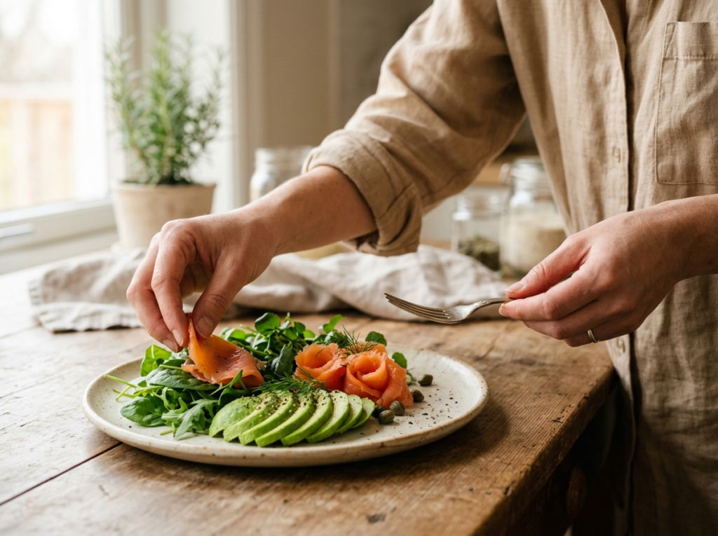 Ręce osoby przygotowującej świeży, zdrowy posiłek z awokado i łososiem, idealny dla diety ketogennej.