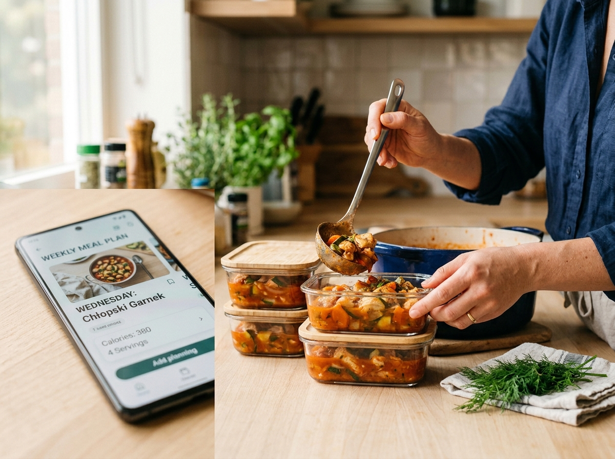 Ręce porcjujące Chłopski Garnek do pojemników, ułatwiające posiłki na redukcję dzięki aplikacji.