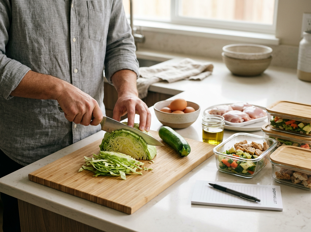 Ręce przygotowujące tanie składniki na dieta keto menu, z listą zakupów i pojemnikami.