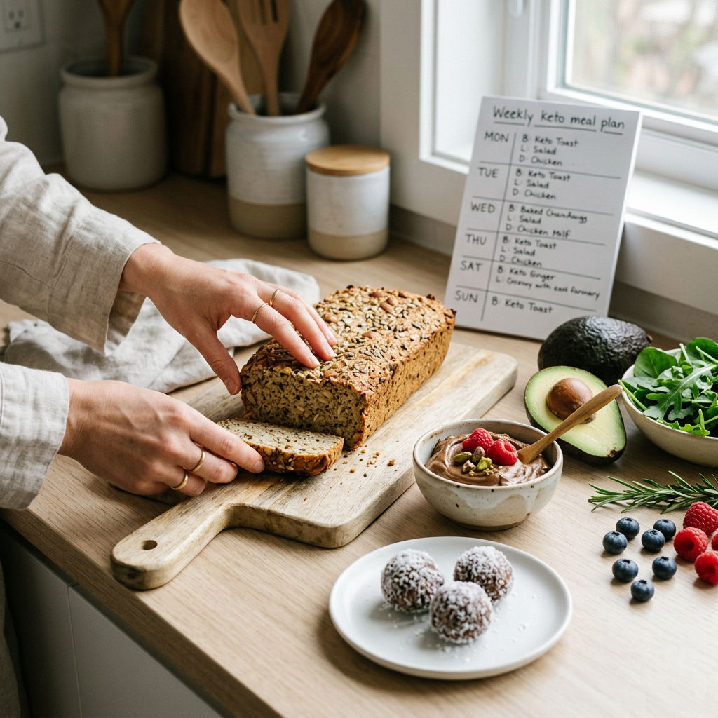 Ręce sięgające po domowy chleb keto, obok desery i świeże składniki. Idealny plan dieta keto przepisy za darmo.