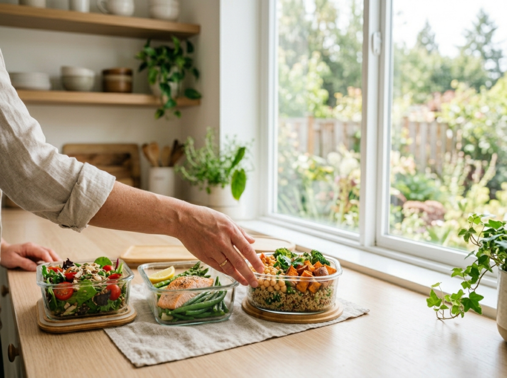 Ręce sięgające po starannie przygotowane, zdrowe posiłki na redukcję na nowoczesnym blacie kuchennym.