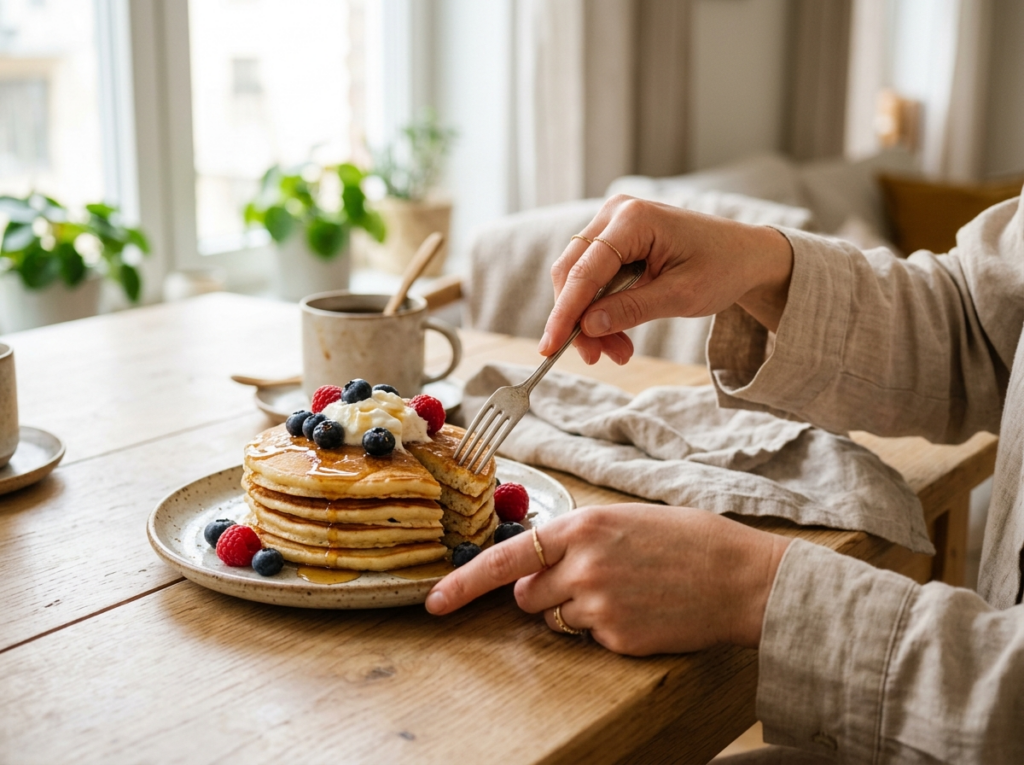 Ręce sięgające po stos puszystych naleśników z owocami i syropem, idealne śniadanie na słodko.