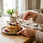 Ręce sięgające po stos puszystych naleśników z owocami i syropem, idealne śniadanie na słodko.