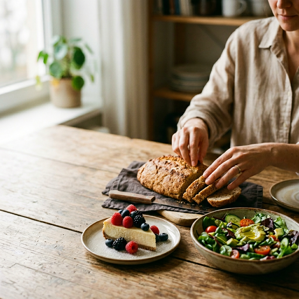 Ręce sięgające po świeży chleb low carb, obok sernik i sałatka. Dieta low carb przepisy.